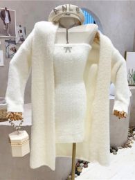 Suits Winter Mink Cashmere Fluffy Sweater Set Fashion Solid Colour Long Knitted Cardigan Coat + Strapless Dress Female TwoPiece Suit