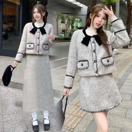 Suits UNXX Plus Size Women's Autumn Winter Tweed Jacket Dress Set for Fat Girl French Elegant Fashionable Top Skirt Hot Sale 2 Piece