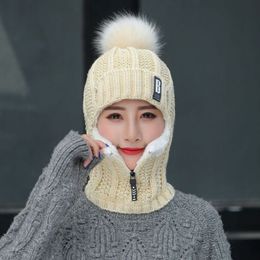 Wool Knitted Hat Ski Women Hat Sets For Female Windproof Winter Outdoor Knit Warm Thick Siamese Scarf Collar Warm Hat Girl Gift2587