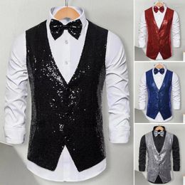 Men's Vests Men Sequin Vest Shiny Stage Performance Waistcoat With Bow-knot Slim Fit V Neck Sleeveless For Compere Special