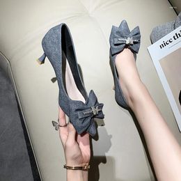 Dress Shoes Bow Crystal Pointed Toe Women Mid Heels Sexy 2024 Spring Fashion Trend Pumps Luxury Designer Female