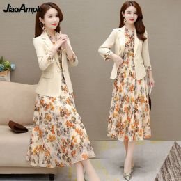 Suits Women's Elegant Suit Jacket Floral Dress Twopiece Korean Casual Blazers Business Dresses Set Female Clothing Midi Skirt Suit