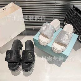 32% OFF Sports shoes 2024 P Family Water Diamond Thick Sole Slippers for Womens Summer New External Wear Triangle Mark Round Head One line Cool Drag Matsuke Shoes