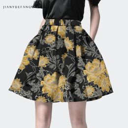 skirt Vintage Yellow Jacquard Womens Tutu Skirt Spring Summer New High Waist Pleated Big Swing Aboveknee Short Skirts With Pockets
