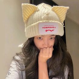 Lover boy Pig Ear Knit Hat Double-layer Warm Cat Ear Woolen Hat Cute Fashion Hooded Cap Niche Design Hip-hop Personality Hat 240226