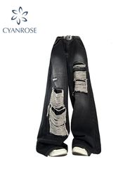 Womens Gothic Black Jeans High Waist Vintage Korean Fashion Y2k Streetwear Ripped Pants Harajuku Casual Wide Leg Denim Trousers 240219