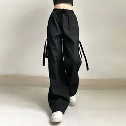 Women's Pants Black Cargo Women Korean Fashion Japanese Harajuku Trousers Ribbon Buckle Pocket Punk Style Streetwear 90S Baggy Y2K