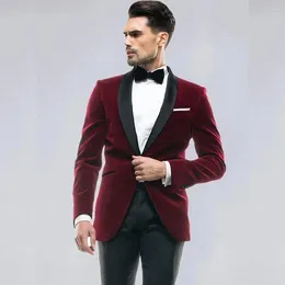 Men's Suits Burgundy 2 Piece Jacket Black Pants Shawl Lapel Single Breasted Formal Party Wedding Blazer Tailor-made Skinny Set
