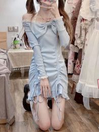 Dresses Lace Kawaii Lolita Sweet Dress Women Bow Japanese Casual Party Mini Dress Female Sexy Blue Princess Korean Style Dress 2022 New