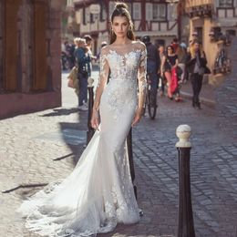 Abiti da sposa a sirena Abiti da sposa sexy a maniche lunghe in pizzo con scollo a barchetta e abiti da sposa affascinanti Boho Beach 2024