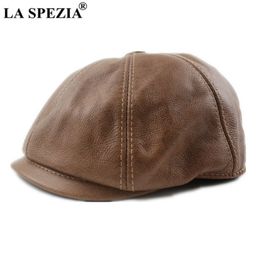 LA SPEZIA Khaki Men's Newsboy Gap Genuine Cowskin Leather Octagonal Cap Male Beret Autumn Winter Men Vintage Duckbill Hats 202037