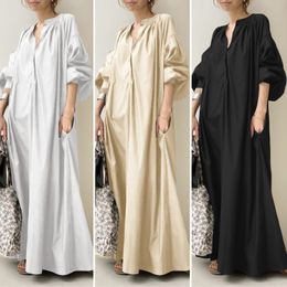 Elegant solid color shirt dress Women's spring sundress Casual lantern sleeve V-neck