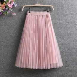 skirt Ladies Vintage Summer Skirts Womens Casual Elastic High Waist Elegant Sexy Midi Pleated Mesh Tutu Skirt Women Tulle Skirt Female