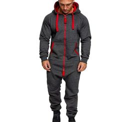 Men039s Tracksuits 2021 Mens Pure Color Splicing Jumpsuit Men Onepiece Garment Pajama Playsuit Zipper Hoodie Male Onesie Jumps9458557