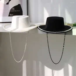 Berets 202409-2509258 British Designer Style Blended Fabric Pearl Chain Grace Lady Fedoras Cap Women Panama Jazz Hat