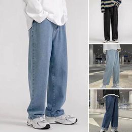 Men's Jeans Men Retro Streetwear Wide Leg With Button Zipper Closure Pockets Loose Straight Fit Full Length Pants For A