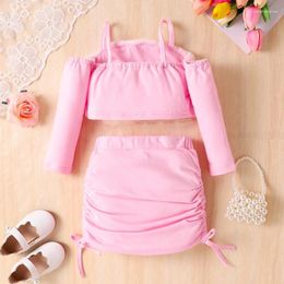 Clothing Sets 2-7years Girl 2pcs Summer Clothes Set Cold Shoulder Long Sleeve Crop Tops With Drawstring Mini Skirt Outfits For Girls