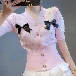 Cardigans Summer Short Puff Sleeve Vneck Diamond Bow Knitted Sweaters Cardigans Women's Korean Singlebreasted Thin Cropped Cardigan Top