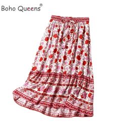 skirt Boho Queens Hippie Women Floral Print Tassel Beach Bohemian Skirt High Elastic Waist Rayon Cotton Maxi Skirts Femme