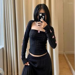 Women's T Shirts Fairycore Two-Piece T-Shirt Set Aesthetic Clothes Bowknot Long Sleeve Cropped Shrugs And Bandeau Tube Tops Streetwear