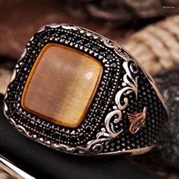 Cluster Rings Turkey Hand Engraved Pattern Ring For Men Vintage Metal Inlaid Tiger Eye Stone Men's Ottoman