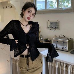 Cardigans Hotsweet Black See Through Cardigans Women Summer New Slim Fit Thin Flare Sleeve Lace Up Cardigan Tops Mujer