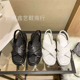 Sports shoes 2024 P Family Crossed Thick Sole Sandals Summer New Leather Cake with Square Headed Elevated Height for Womens Shoes