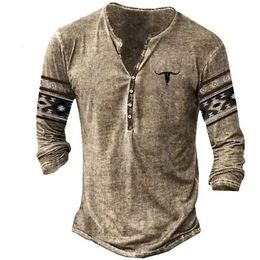 Vintage TShirt For Men Tribal Graphic T Shirts Cotton 3D Printed Henley Shirt Long Sleeve Oversized Male Clothing Ethnic Style 240219