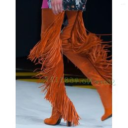 Boots Fringes Stretch Thigh High Women Block Heels Trending Orange Suede Slip On Autumn Round Toe Fashion Shoes