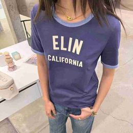 Women's T-shirt Designer Brand Ce Colour Blocking Letter Printed Short Sleeved for Fashion Slim Fit Comfortable Pure Cotton Versatile Casual Round Neck Top VLXM