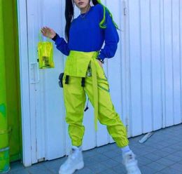 Women039s Jumpsuits Rompers Harajuku Korean Womens Overalls Solid Neon Green Cotton Jumpsuit Capri High Waist With Chain Pock8290598