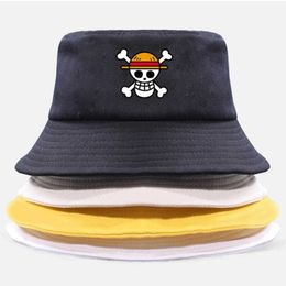 One Piece Bucket Hat Panama Cap the Pirate King Anime Luffy Harajuku Women Men Cotton Outdoor Sunscreen Wide Brim Hats Caps Q0805239R