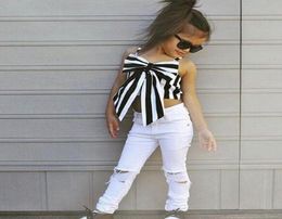 Summer Girls Set Striped Bow Ribbon Tops White Hole Pants Two Piece Girls Outfits Children Baby Clothing Sets Toddler Girls Clot8193460