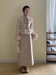 Work Dresses 2024 Women Winter Casual Chic Design Plush Skirt Suit Elegant Chinese Fashion Female Woollen Two Pieces Set