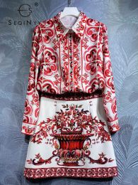 Suits SEQINYY Red Sicily Suit Vintage Flower Print Shirt + Beading Skirt Summer Spring New Fashion Design Runway For Women Elegant