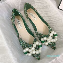 GAI Dress Flat Shoes for Spring Summer Big Pearls Green White Women Flats Slip on Casual Loafers Zapatillas Mujer 44 45