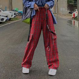 Women's Pants Red Plaid Cargo Gothic 2024 Autumn Y2K Trouser Elastic Waist Pockets Metal Chains Rings Streetwear