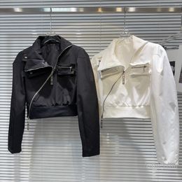 Women's Jackets 2024 Spring Short Jacket Street Cool Oblique Zipper Pocket Design Motorcycle Tooling Cropped Coat Top
