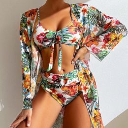 Sexy High Waisted Bikini Three Pieces Floral Printed Swimsuit Women Bikini Set With Mesh Long-Sleeved Blouse Size S-3XL New