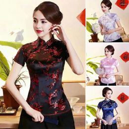 Women's T Shirts Women Retro Qipao Tops Stand Collar Short Sleeve Floral Print Traditional Chinese Year Cheongsam Clothes