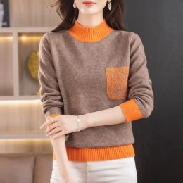 Pullovers 2023 Autumn and Winter Women's Patchwork Contrast Half High Collar Knitted Pullover Underlay Fashion Office Lady Casual Tops