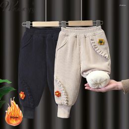 Trousers Plus Velvet Corduroy Kids Harem Pants Fall Winter Lambwool Girls Flower Embroidery Fleece Lined Children Sweatpants Loose