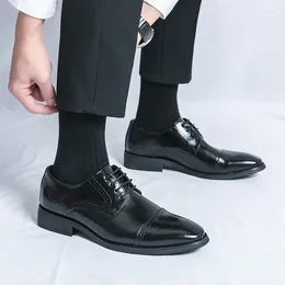 Dress Shoes Genuine Leather Men Fashion Brogue Wedding Pointed Toe Lace Up Business Formal Black Party Shoe