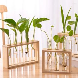 Vases Hydroponic Plants Container With Wood Frame Transparent Glass Test Tube Vase Flower Pot Home Tabletop Bonsai Decorations Crafts