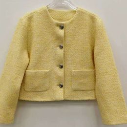 French Niche 23 Autumn/winter New Coarse Tweed Round Neck Metal Single Breasted Temperament Golden Cardigan Short Jacket