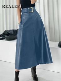 REALEFT Classic Faux PU Leather Long Skirts with Belted High Waist Fashion Umbrella Skirts Ladies Female Autumn Winter 240304