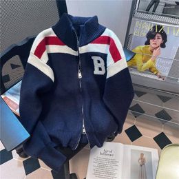 Women's Knits Limiguyue Autumn Winter Color Block Letter B Knit Cardigan Women American Retro Zipper Wool Sweater Coat Female Knitwear E255