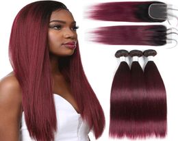 Percolored Brazilian Straight Hair 3 Bundles with Closure T1B99J 1bburgundy Human Hair Extensions Ombre Nonremy Hair Weave Bund1665885