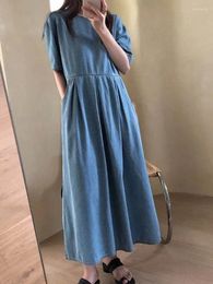 Party Dresses Korean Style Summer Simple Loose Double Pocket Casual Blue Jeans Dress Maxi Lady Fashion Clothes