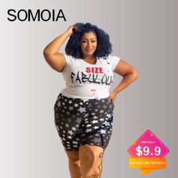 Sets SOMOIA Plus Size Tracksuit Women Two Piece Set Summer Shorts Sleeve Hole Tshirt 2 Piece Suit Letter Star Printing Streetwear